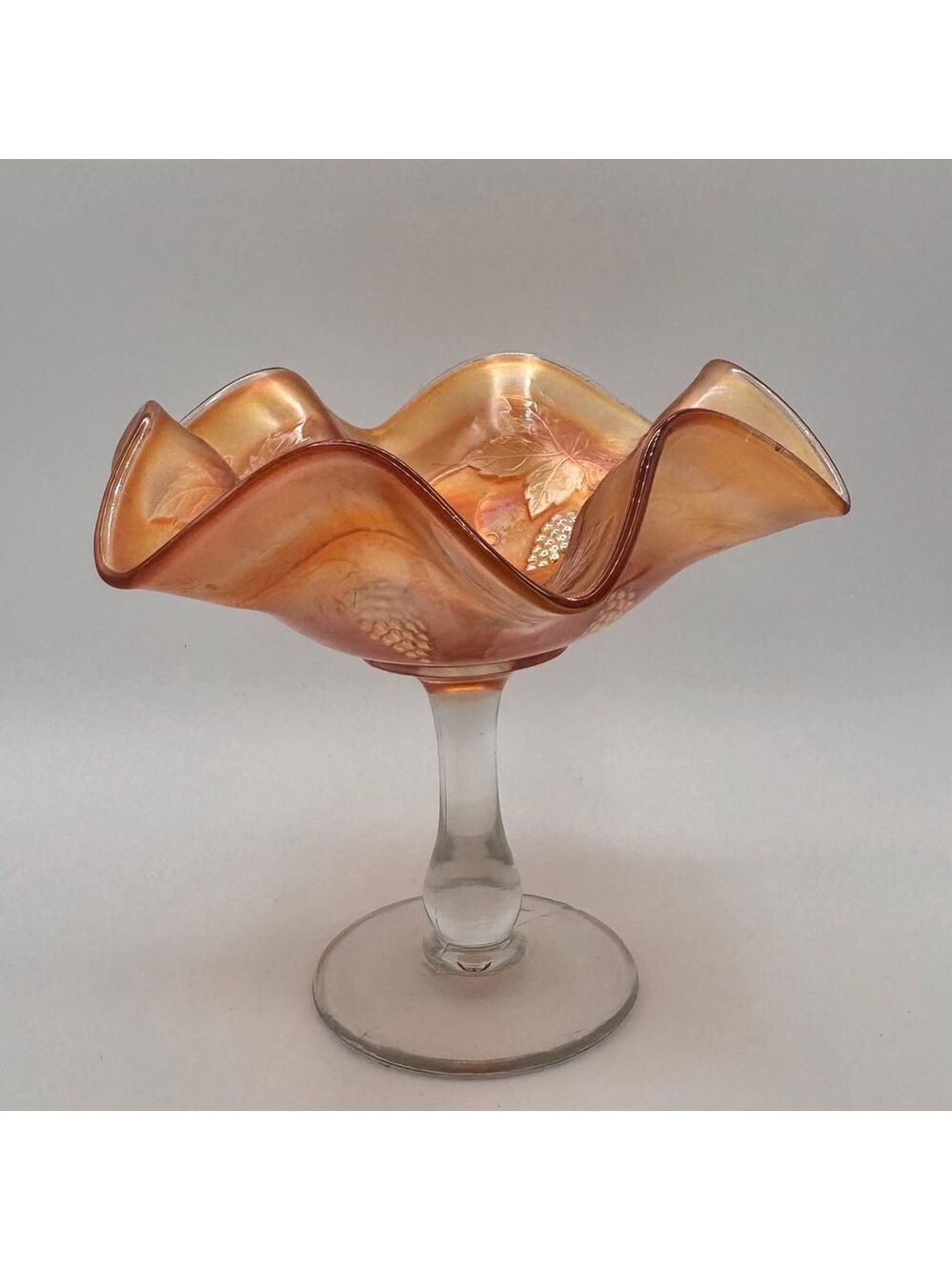 Antique Northwood Grape & Cable Pattern Marigold Carnival Glass Stemmed Compote
